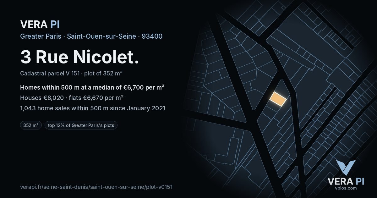 3 Rue Nicolet, Saint-Ouen-sur-Seine at night – the plot lit, the parcels around coloured by the prices near them