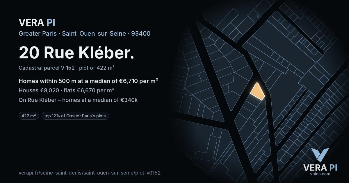 20 Rue Kléber, Saint-Ouen-sur-Seine at night – the plot lit, the parcels around coloured by the prices near them