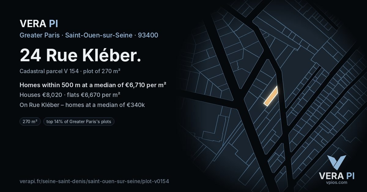 24 Rue Kléber, Saint-Ouen-sur-Seine at night – the plot lit, the parcels around coloured by the prices near them