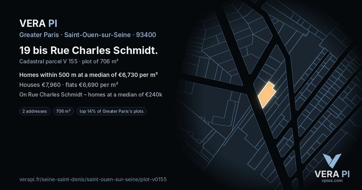 19 bis Rue Charles Schmidt, Saint-Ouen-sur-Seine at night – the plot lit, the parcels around coloured by the prices near them