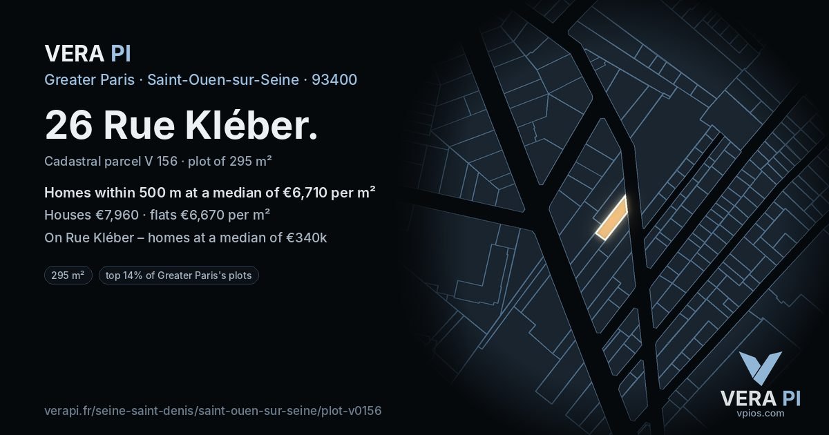 26 Rue Kléber, Saint-Ouen-sur-Seine at night – the plot lit, the parcels around coloured by the prices near them