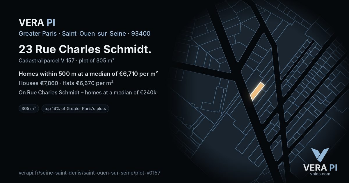 23 Rue Charles Schmidt, Saint-Ouen-sur-Seine at night – the plot lit, the parcels around coloured by the prices near them