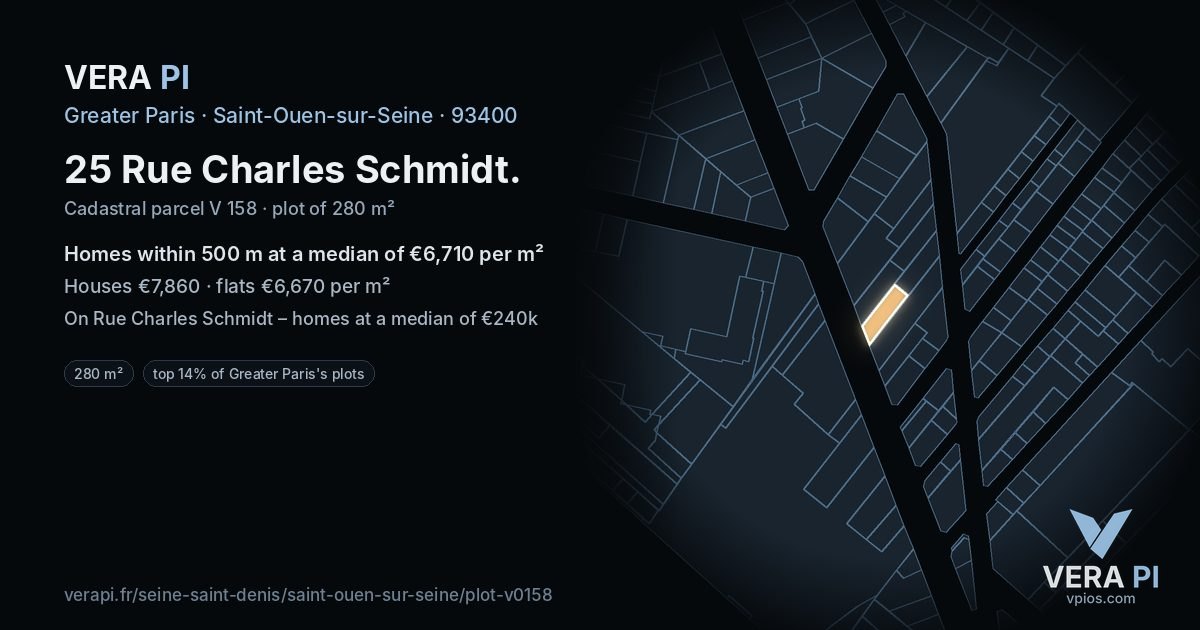 25 Rue Charles Schmidt, Saint-Ouen-sur-Seine at night – the plot lit, the parcels around coloured by the prices near them