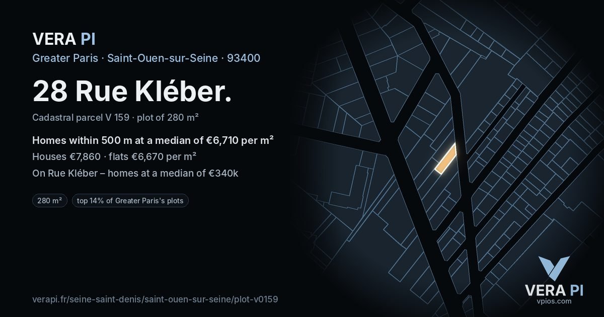 28 Rue Kléber, Saint-Ouen-sur-Seine at night – the plot lit, the parcels around coloured by the prices near them