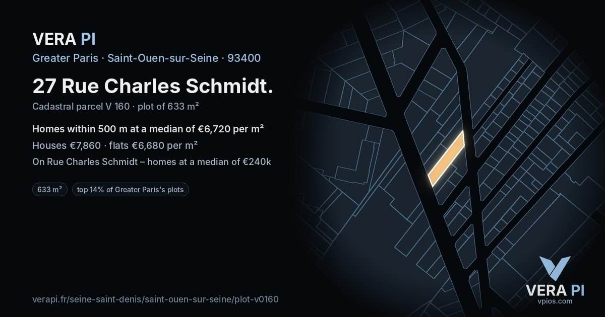 27 Rue Charles Schmidt, Saint-Ouen-sur-Seine at night – the plot lit, the parcels around coloured by the prices near them