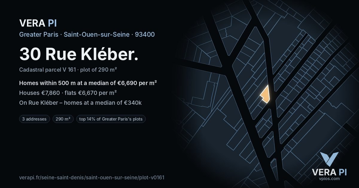 30 Rue Kléber, Saint-Ouen-sur-Seine at night – the plot lit, the parcels around coloured by the prices near them
