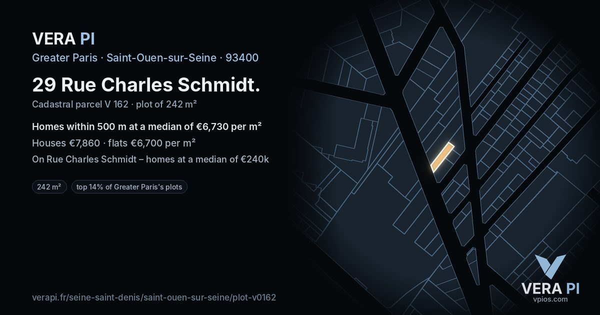 29 Rue Charles Schmidt, Saint-Ouen-sur-Seine at night – the plot lit, the parcels around coloured by the prices near them