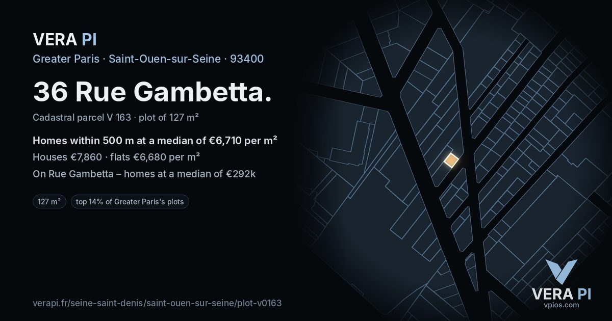 36 Rue Gambetta, Saint-Ouen-sur-Seine at night – the plot lit, the parcels around coloured by the prices near them