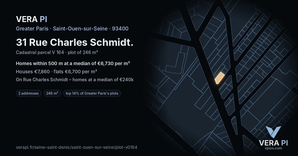 31 Rue Charles Schmidt, Saint-Ouen-sur-Seine at night – the plot lit, the parcels around coloured by the prices near them