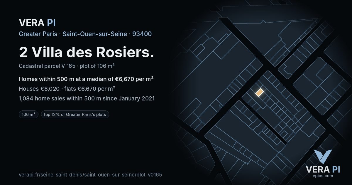 2 Villa des Rosiers, Saint-Ouen-sur-Seine at night – the plot lit, the parcels around coloured by the prices near them