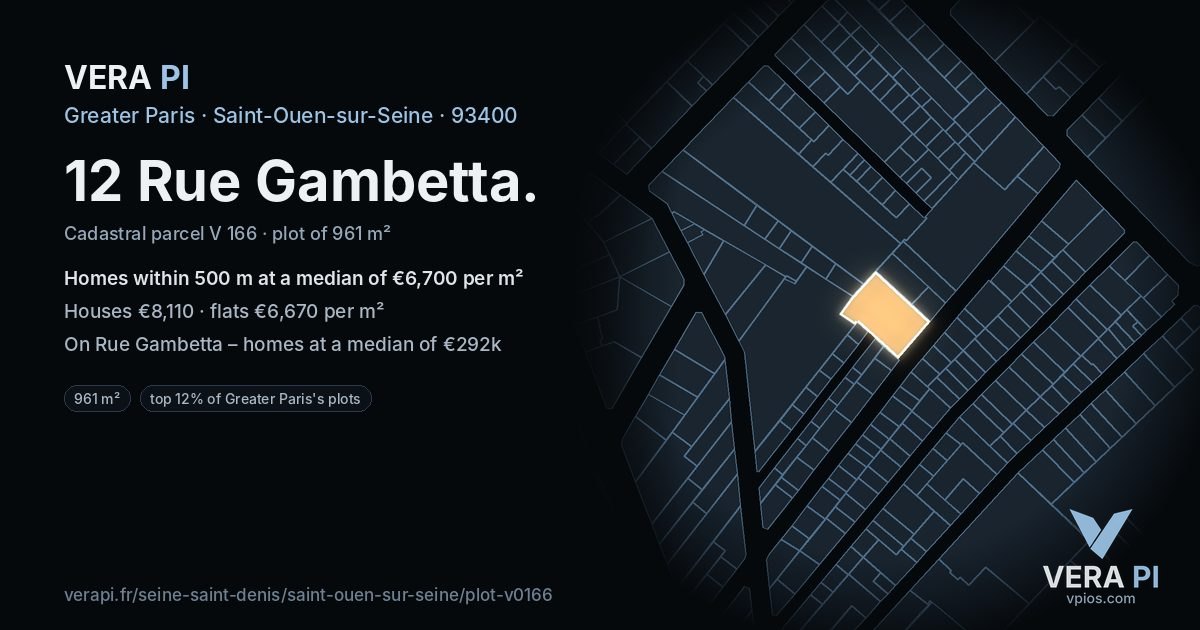 12 Rue Gambetta, Saint-Ouen-sur-Seine at night – the plot lit, the parcels around coloured by the prices near them