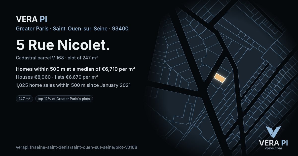 5 Rue Nicolet, Saint-Ouen-sur-Seine at night – the plot lit, the parcels around coloured by the prices near them