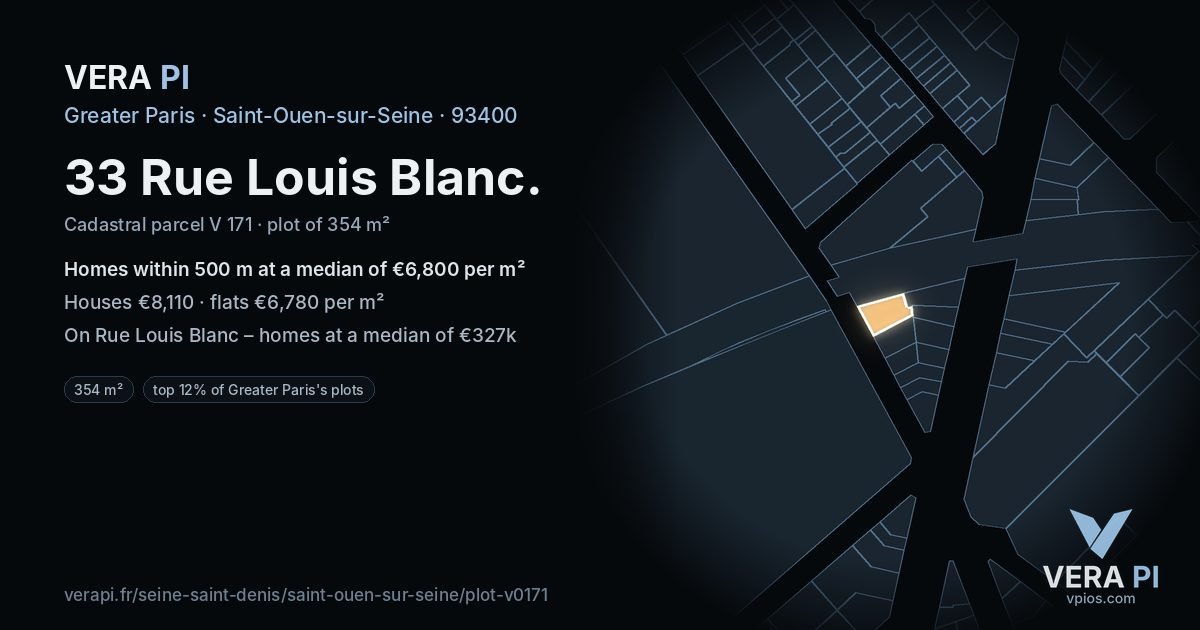 33 Rue Louis Blanc, Saint-Ouen-sur-Seine at night – the plot lit, the parcels around coloured by the prices near them