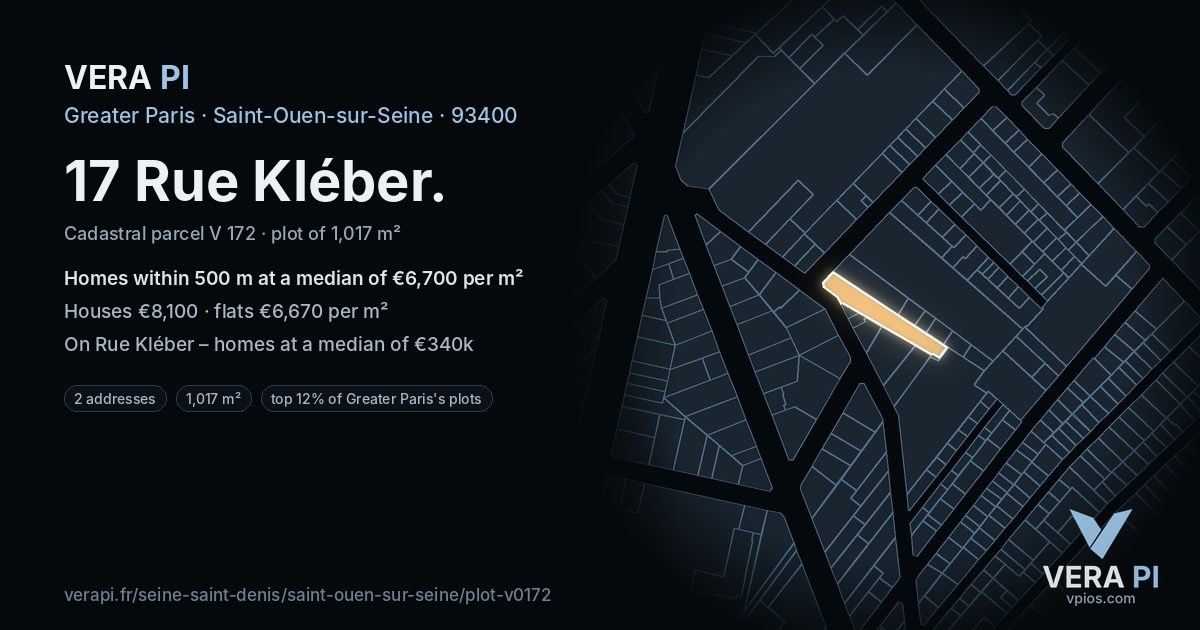17 Rue Kléber, Saint-Ouen-sur-Seine at night – the plot lit, the parcels around coloured by the prices near them
