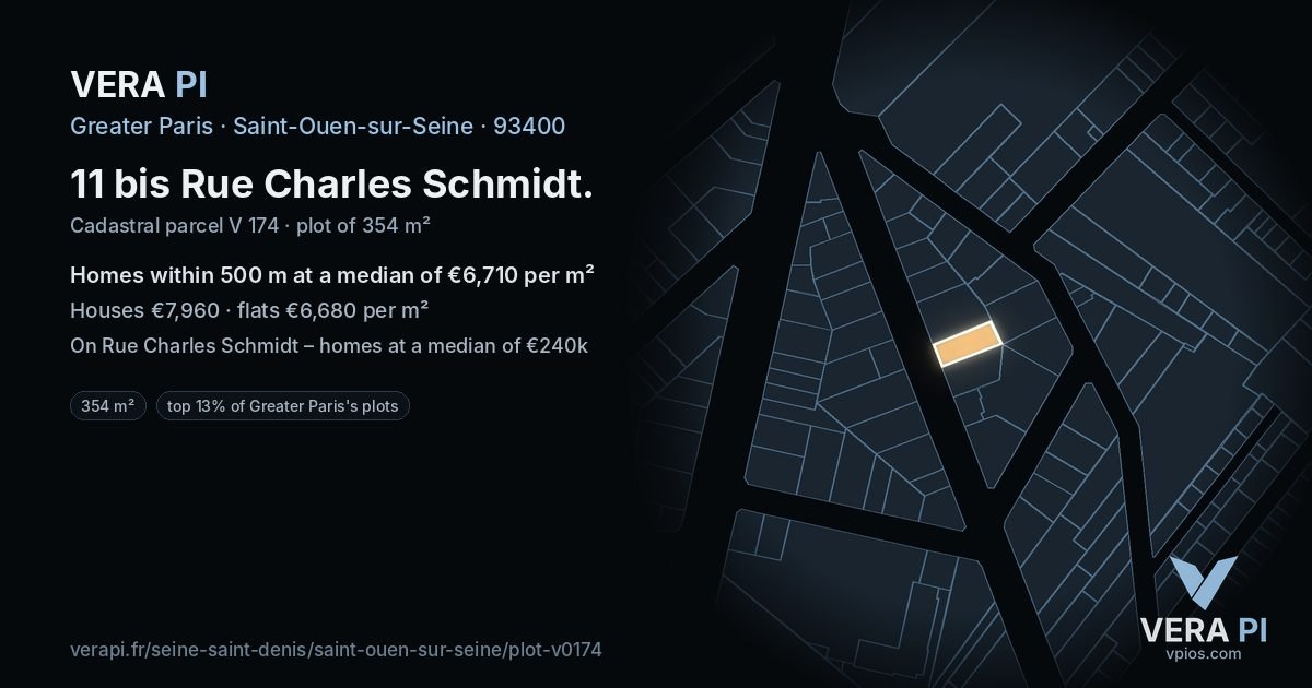 11 bis Rue Charles Schmidt, Saint-Ouen-sur-Seine at night – the plot lit, the parcels around coloured by the prices near them