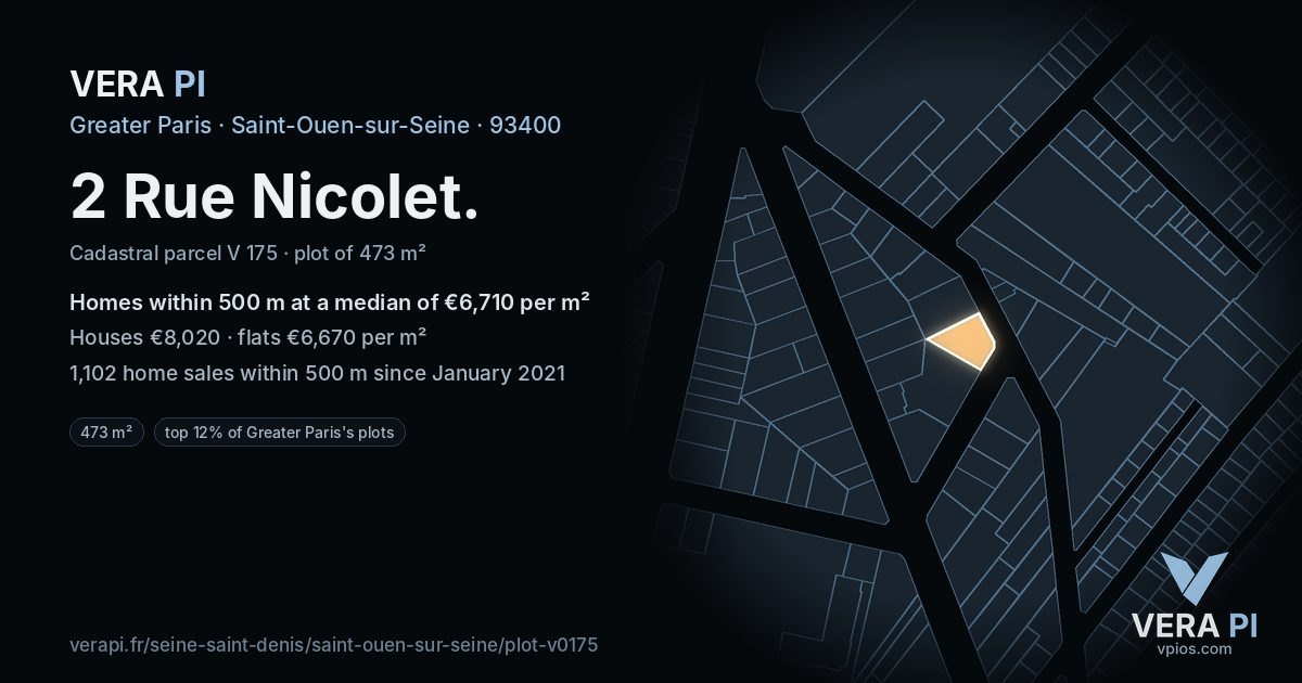 2 Rue Nicolet, Saint-Ouen-sur-Seine at night – the plot lit, the parcels around coloured by the prices near them