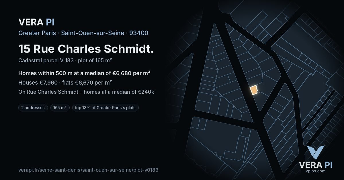 15 Rue Charles Schmidt, Saint-Ouen-sur-Seine at night – the plot lit, the parcels around coloured by the prices near them