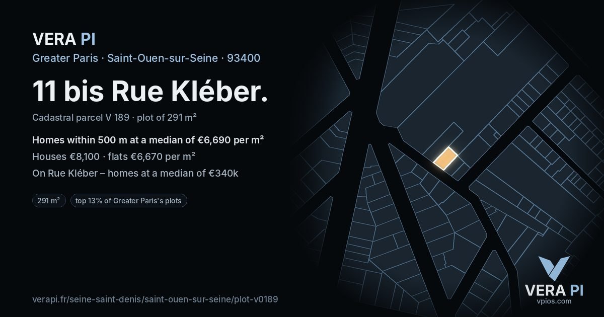 11 bis Rue Kléber, Saint-Ouen-sur-Seine at night – the plot lit, the parcels around coloured by the prices near them