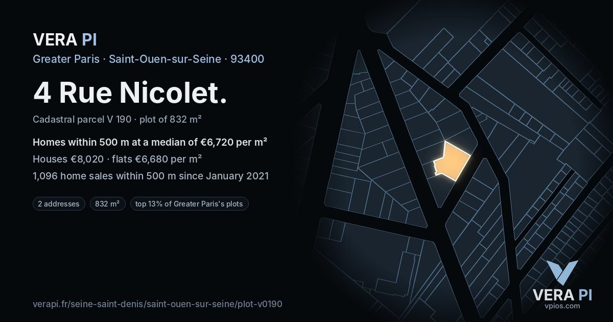 4 Rue Nicolet, Saint-Ouen-sur-Seine at night – the plot lit, the parcels around coloured by the prices near them