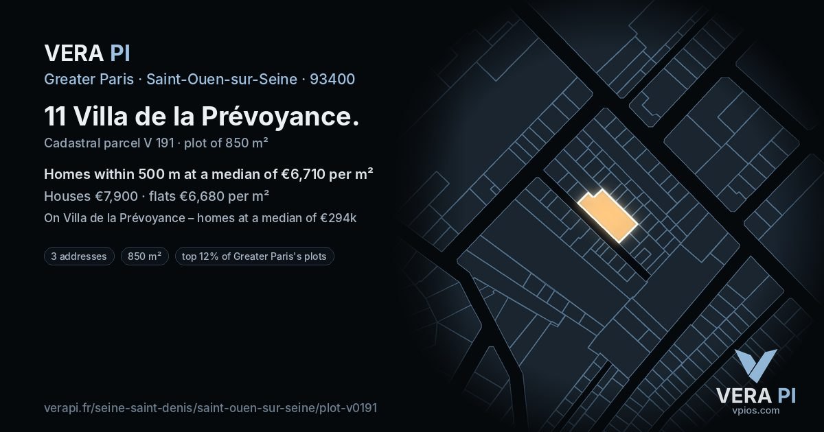 11 Villa de la Prévoyance, Saint-Ouen-sur-Seine at night – the plot lit, the parcels around coloured by the prices near them