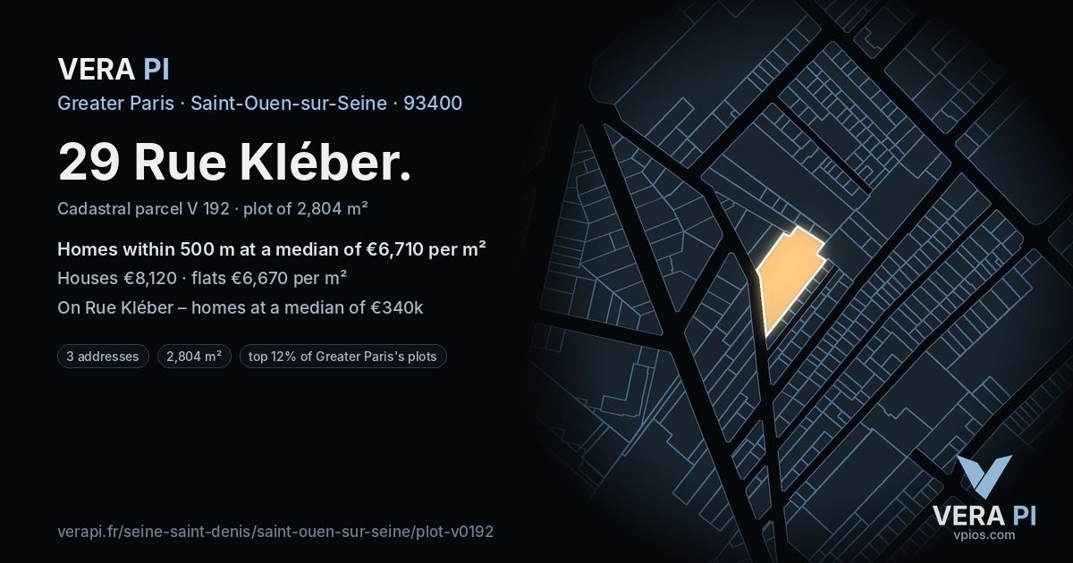 29 Rue Kléber, Saint-Ouen-sur-Seine at night – the plot lit, the parcels around coloured by the prices near them