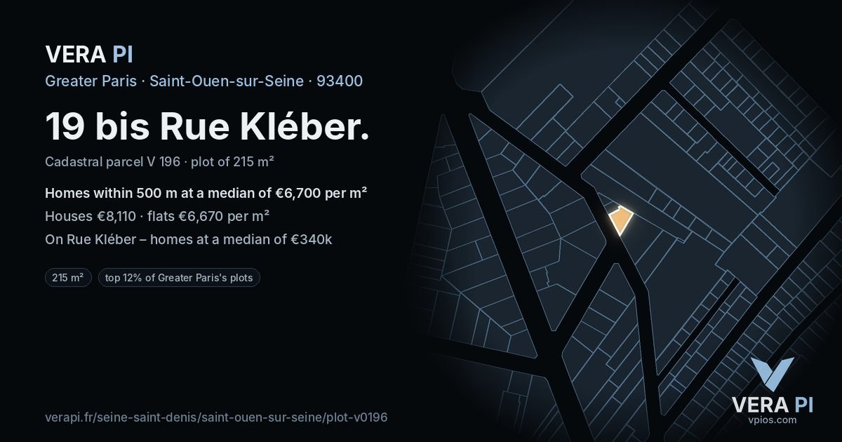 19 bis Rue Kléber, Saint-Ouen-sur-Seine at night – the plot lit, the parcels around coloured by the prices near them