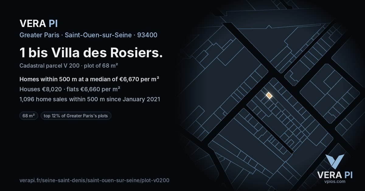 1 bis Villa des Rosiers, Saint-Ouen-sur-Seine at night – the plot lit, the parcels around coloured by the prices near them
