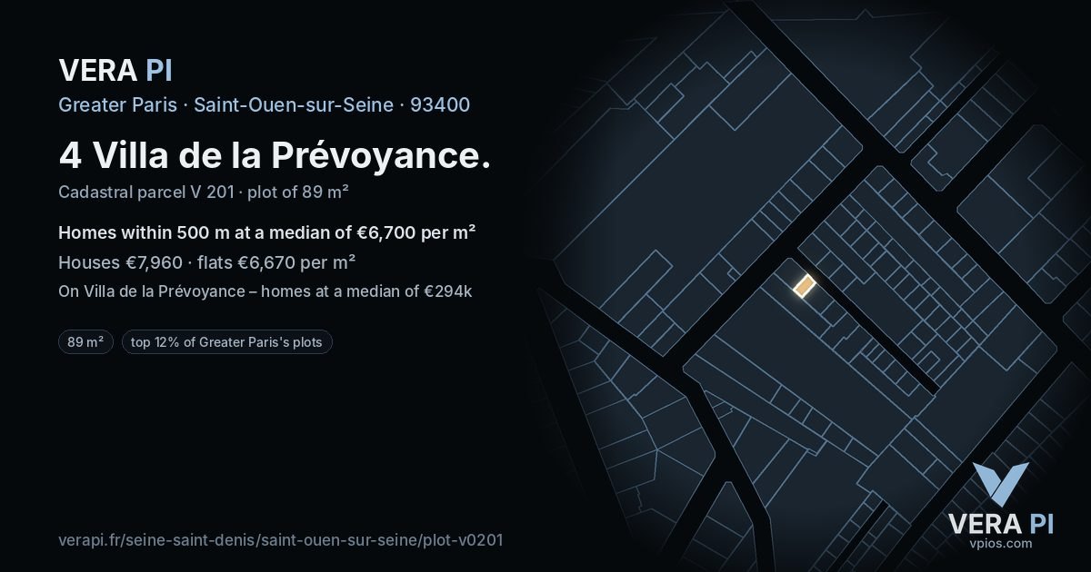 4 Villa de la Prévoyance, Saint-Ouen-sur-Seine at night – the plot lit, the parcels around coloured by the prices near them