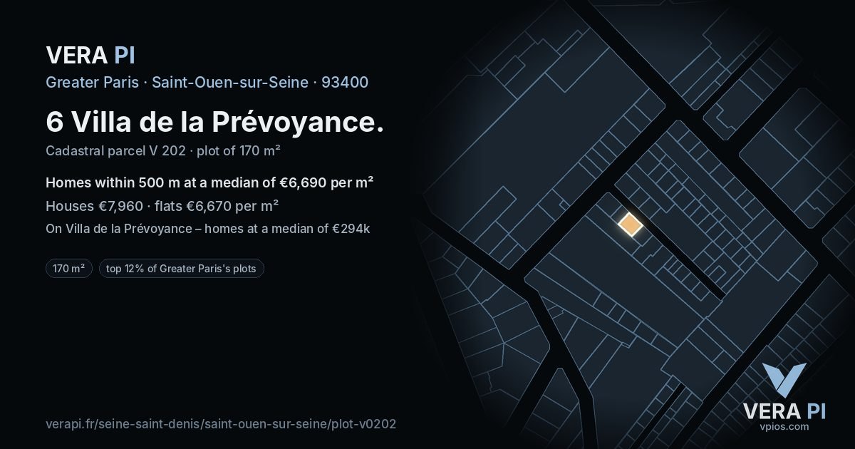 6 Villa de la Prévoyance, Saint-Ouen-sur-Seine at night – the plot lit, the parcels around coloured by the prices near them