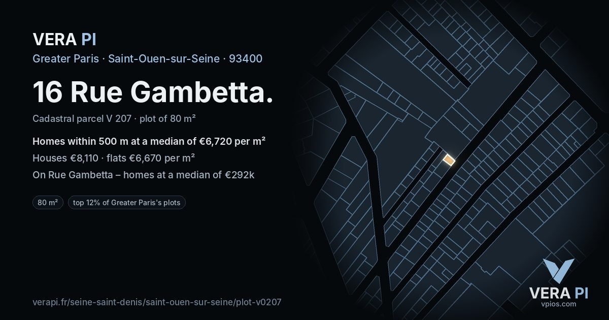 16 Rue Gambetta, Saint-Ouen-sur-Seine at night – the plot lit, the parcels around coloured by the prices near them