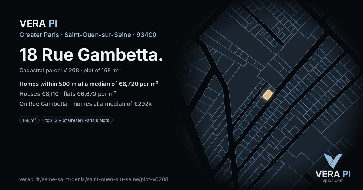 18 Rue Gambetta, Saint-Ouen-sur-Seine at night – the plot lit, the parcels around coloured by the prices near them