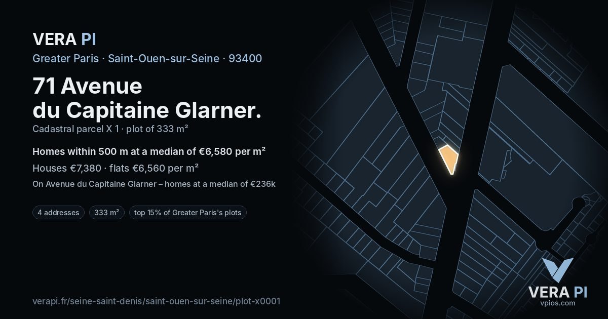 71 Avenue du Capitaine Glarner, Saint-Ouen-sur-Seine at night – the plot lit, the parcels around coloured by the prices near them