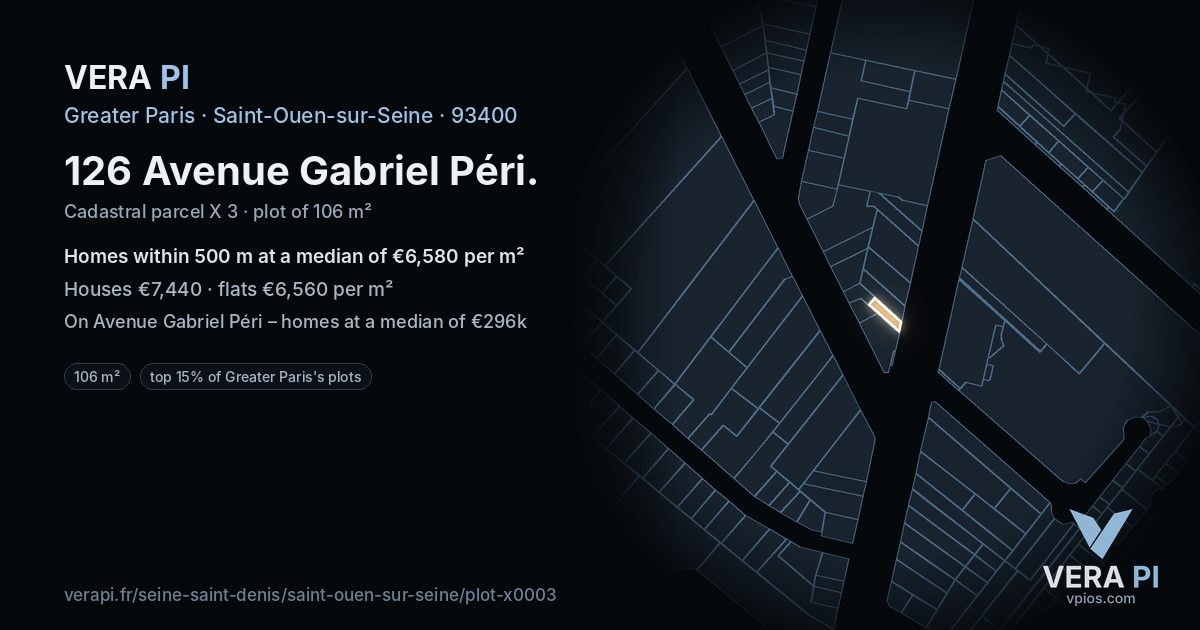 126 Avenue Gabriel Péri, Saint-Ouen-sur-Seine at night – the plot lit, the parcels around coloured by the prices near them