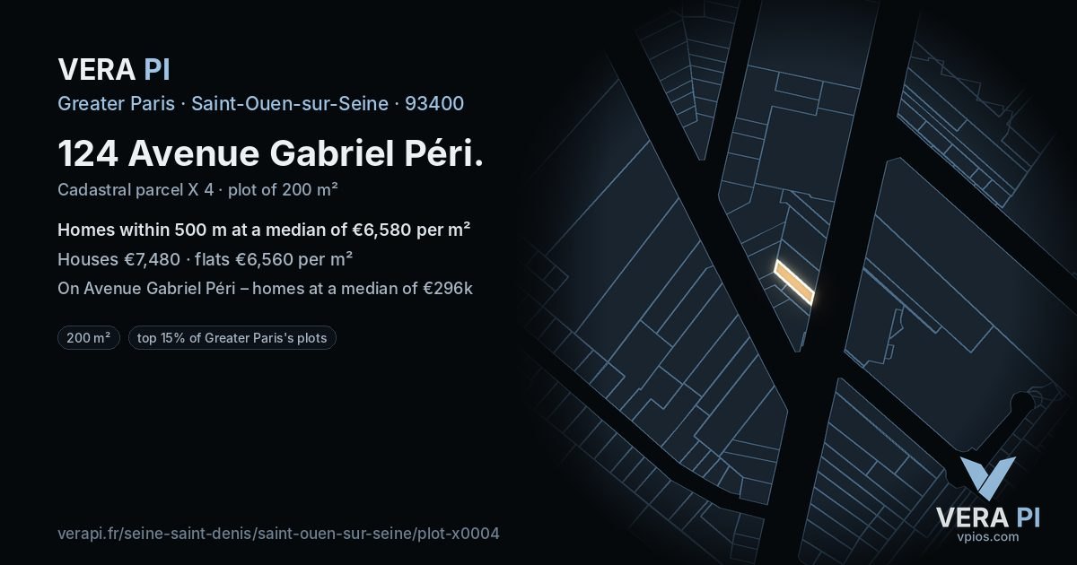 124 Avenue Gabriel Péri, Saint-Ouen-sur-Seine at night – the plot lit, the parcels around coloured by the prices near them