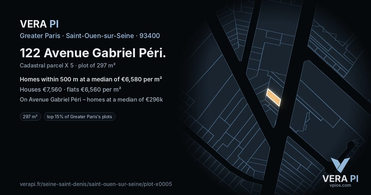 122 Avenue Gabriel Péri, Saint-Ouen-sur-Seine at night – the plot lit, the parcels around coloured by the prices near them