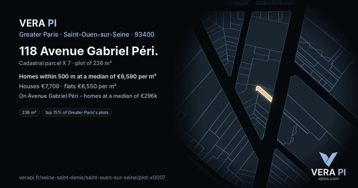 118 Avenue Gabriel Péri, Saint-Ouen-sur-Seine at night – the plot lit, the parcels around coloured by the prices near them