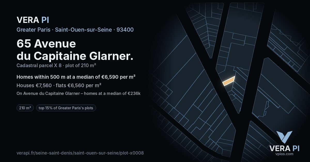 65 Avenue du Capitaine Glarner, Saint-Ouen-sur-Seine at night – the plot lit, the parcels around coloured by the prices near them