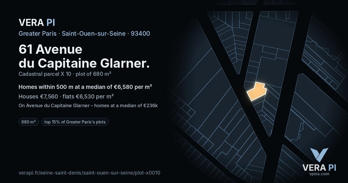 61 Avenue du Capitaine Glarner, Saint-Ouen-sur-Seine at night – the plot lit, the parcels around coloured by the prices near them