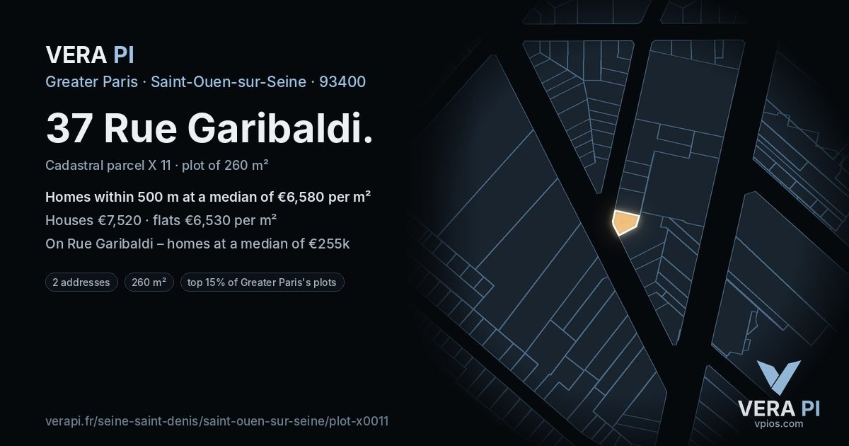 37 Rue Garibaldi, Saint-Ouen-sur-Seine at night – the plot lit, the parcels around coloured by the prices near them