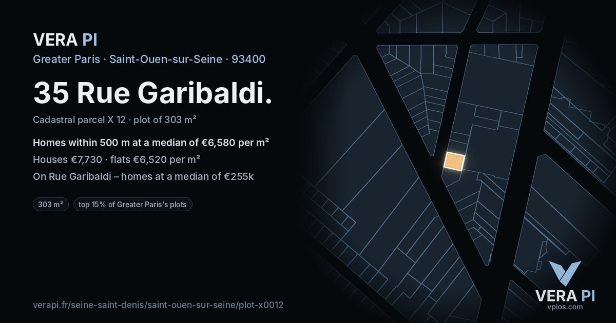 35 Rue Garibaldi, Saint-Ouen-sur-Seine at night – the plot lit, the parcels around coloured by the prices near them