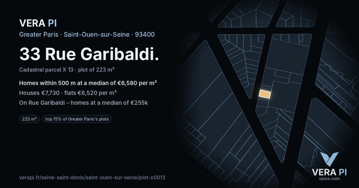 33 Rue Garibaldi, Saint-Ouen-sur-Seine at night – the plot lit, the parcels around coloured by the prices near them