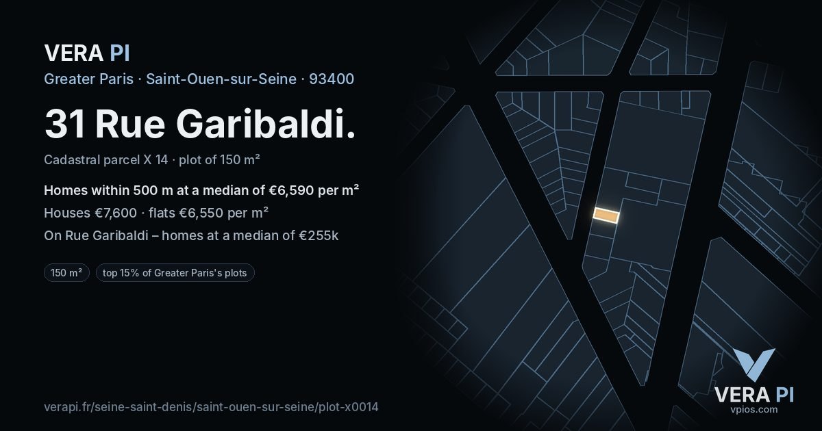 31 Rue Garibaldi, Saint-Ouen-sur-Seine at night – the plot lit, the parcels around coloured by the prices near them