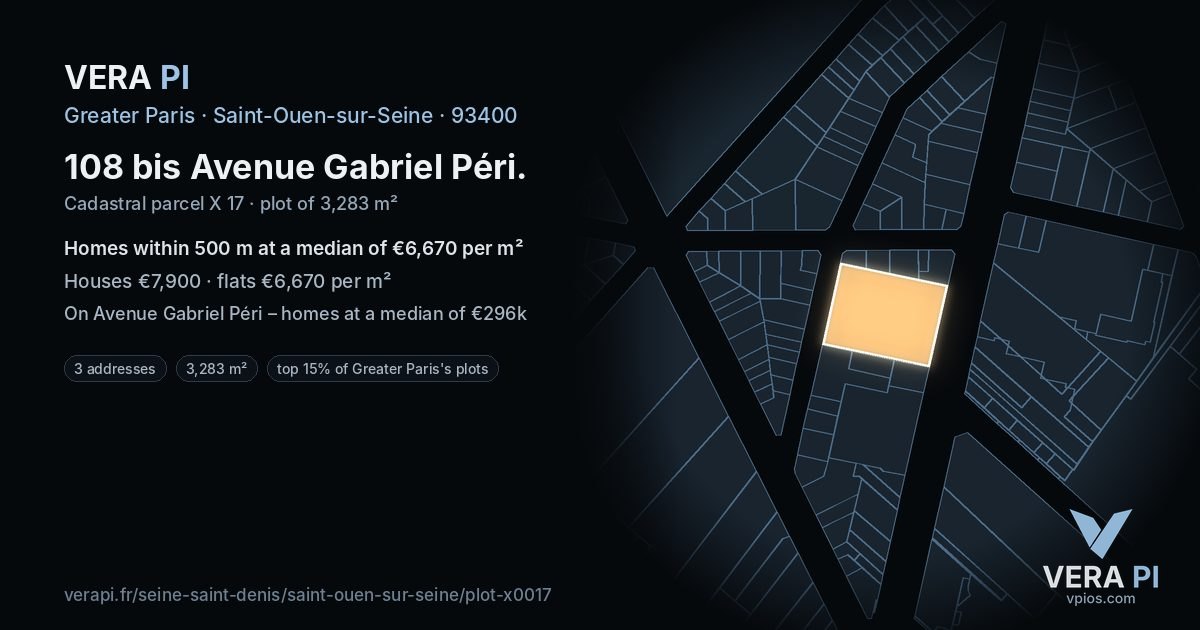 108 bis Avenue Gabriel Péri, Saint-Ouen-sur-Seine at night – the plot lit, the parcels around coloured by the prices near them