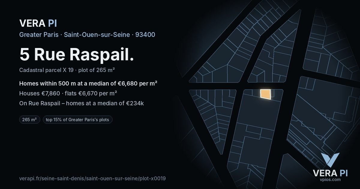 5 Rue Raspail, Saint-Ouen-sur-Seine at night – the plot lit, the parcels around coloured by the prices near them