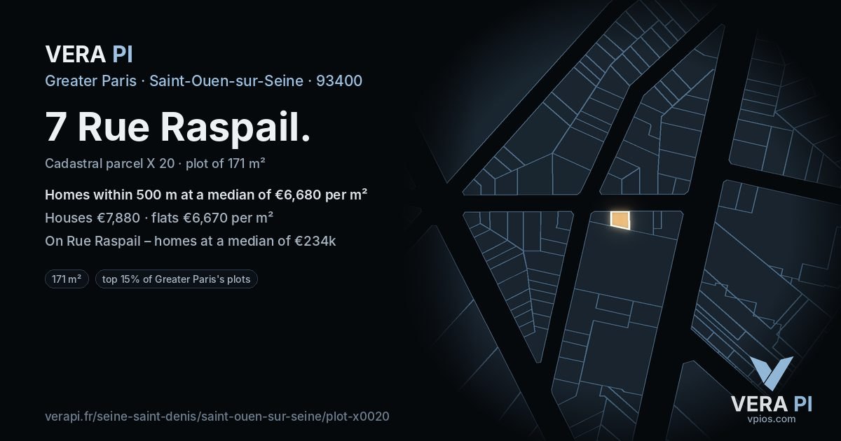 7 Rue Raspail, Saint-Ouen-sur-Seine at night – the plot lit, the parcels around coloured by the prices near them
