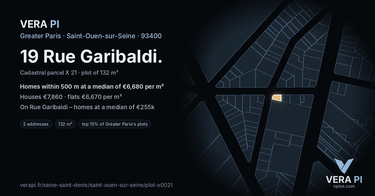 19 Rue Garibaldi, Saint-Ouen-sur-Seine at night – the plot lit, the parcels around coloured by the prices near them