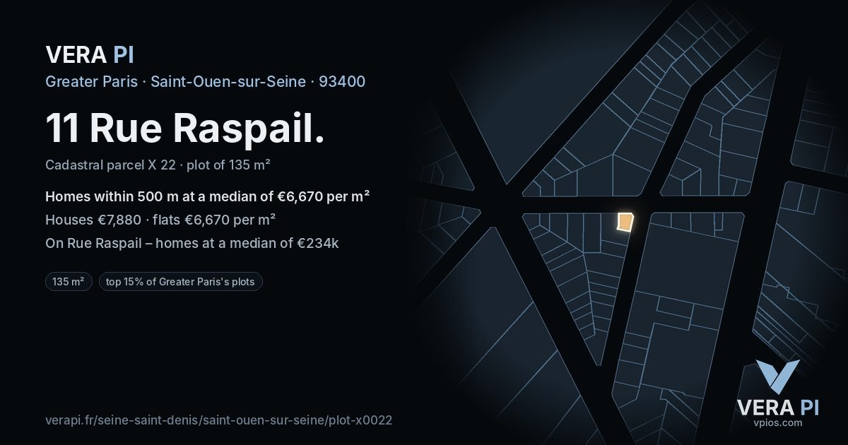 11 Rue Raspail, Saint-Ouen-sur-Seine at night – the plot lit, the parcels around coloured by the prices near them