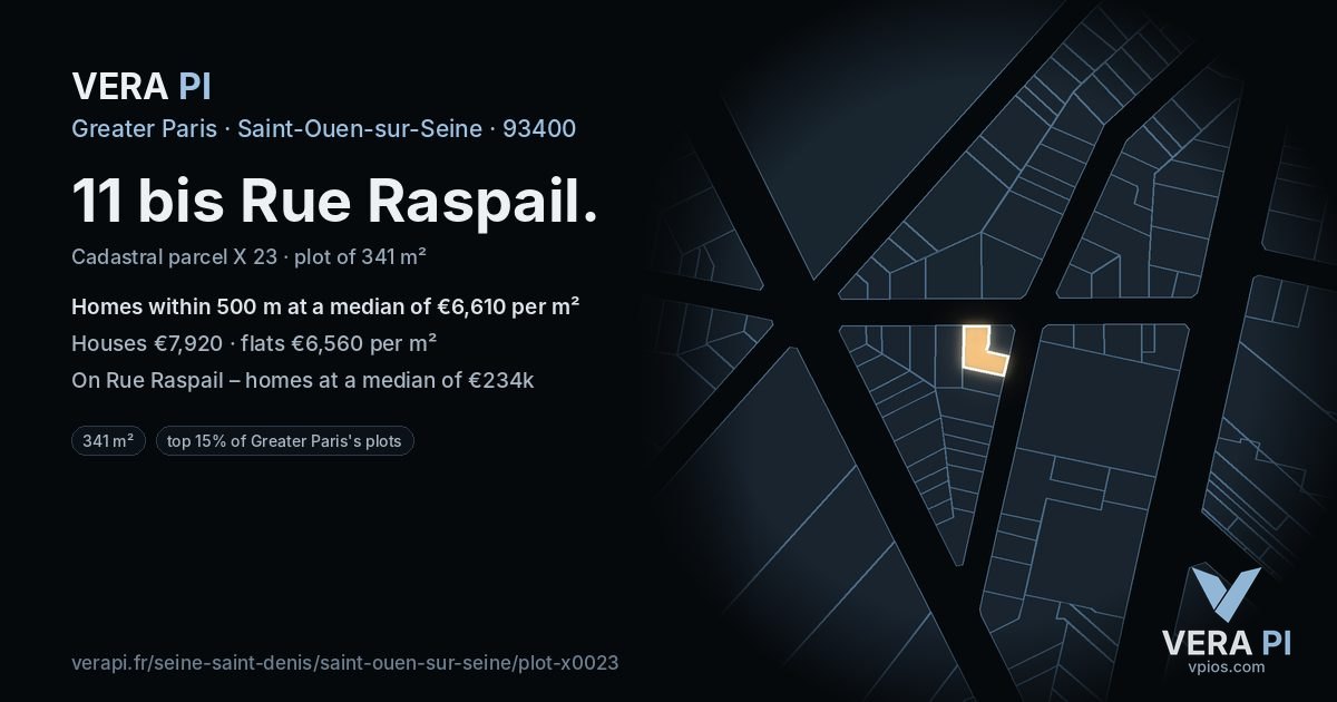 11 bis Rue Raspail, Saint-Ouen-sur-Seine at night – the plot lit, the parcels around coloured by the prices near them