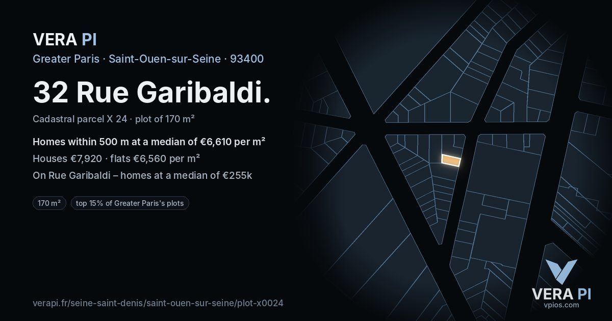 32 Rue Garibaldi, Saint-Ouen-sur-Seine at night – the plot lit, the parcels around coloured by the prices near them