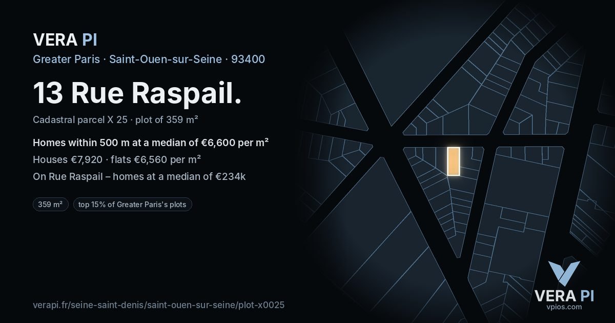 13 Rue Raspail, Saint-Ouen-sur-Seine at night – the plot lit, the parcels around coloured by the prices near them